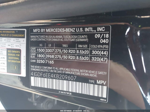 Aukcja sprzedaży 2019 Mercedes-benz Gls 450 4matic, vin: 4JGDF6EE4KB209607, numer aukcji: 45749559
