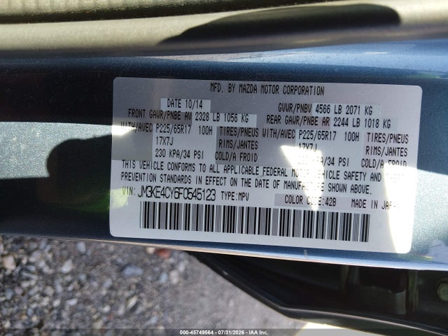2015 Mazda Cx-5 Touring მანქანა იყიდება აუქციონზე, vin: JM3KE4CY6F0545123, აუქციონის ნომერი: 45749564