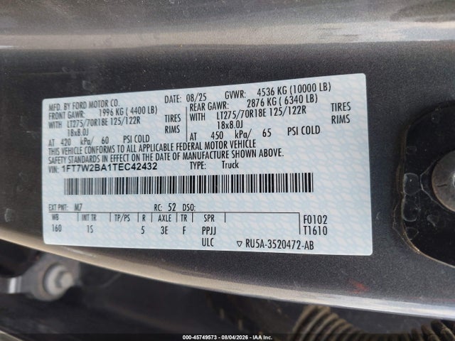 Продажа на аукционе авто 2026 Ford F-250 Xl, vin: 1FT7W2BA1TEC42432, номер лота: 45749573