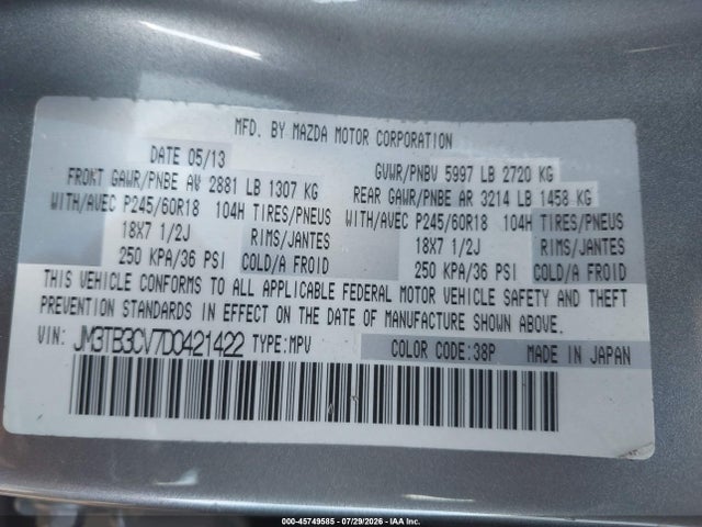 Продаж на аукціоні авто 2013 Mazda Cx-9 Touring, vin: JM3TB3CV7D0421422, номер лоту: 45749585