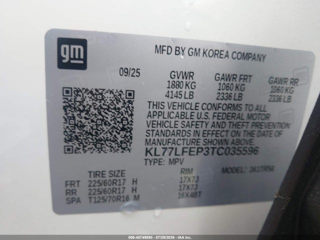 Продажа на аукционе авто 2026 Chevrolet Trax Fwd Ls, vin: KL77LFEP3TC035596, номер лота: 45749590