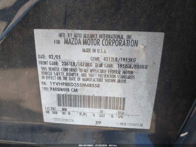 2005 Mazda Mazda6 S Sport მანქანა იყიდება აუქციონზე, vin: 1YVHP80D355M48558, აუქციონის ნომერი: 45749601
