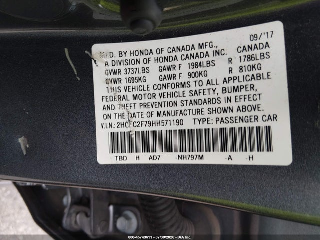 Honda CIVIC EX 2017 2HGFC2F79HH571190 Image 9