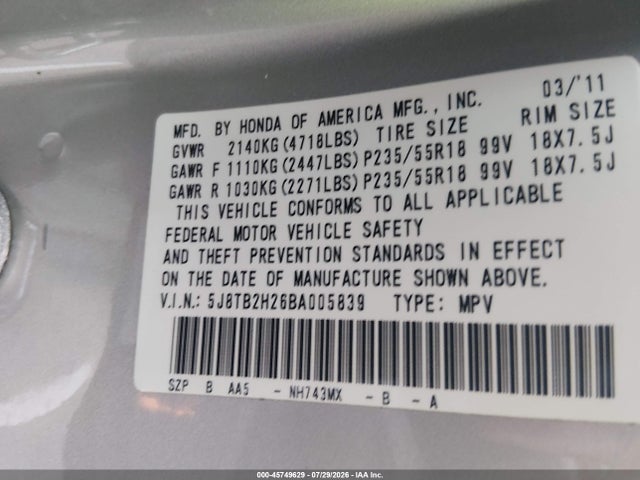 Aukcja sprzedaży 2011 Acura Rdx, vin: 5J8TB2H26BA005839, numer aukcji: 45749629
