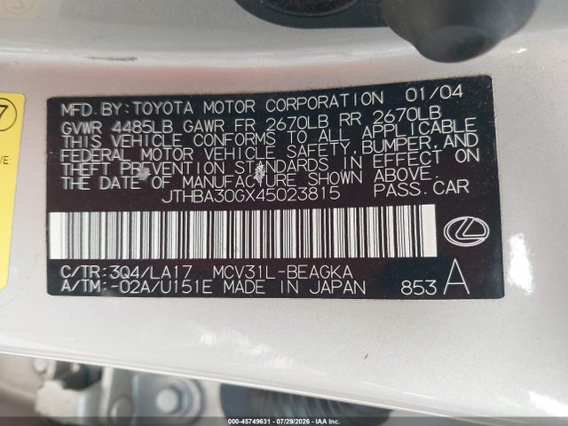 45749631 :رقم المزاد ، JTHBA30GX45023815 vin ، 2004 Lexus Es 330 مزاد بيع