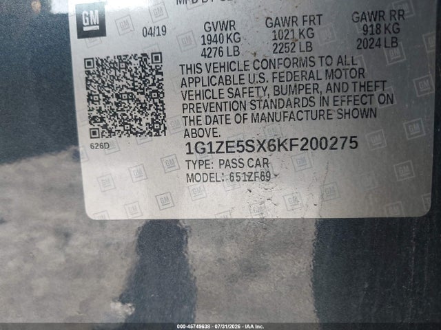 1G1ZE5SX6KF200275 Chevrolet Malibu Premier