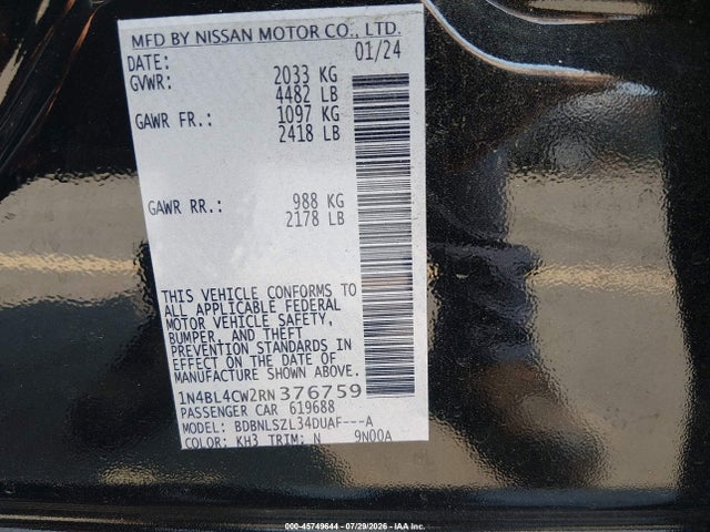 Продажа на аукционе авто 2024 Nissan Altima Sr Intelligent Awd, vin: 1N4BL4CW2RN376759, номер лота: 45749644