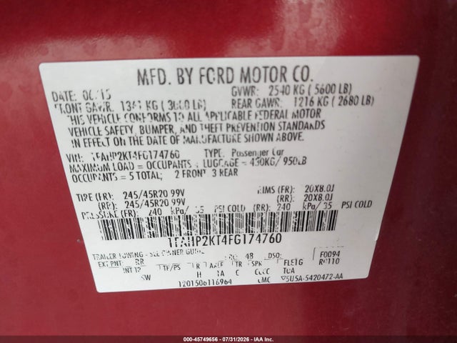 45749656 :رقم المزاد ، 1FAHP2KT4FG174760 vin ، 2015 Ford Taurus Sho مزاد بيع