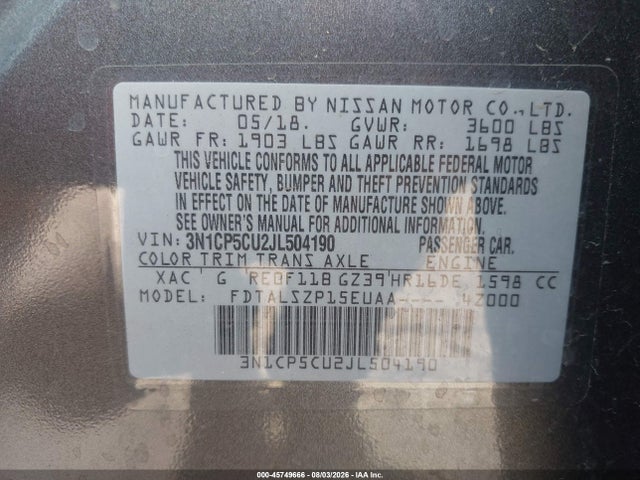 Aukcja sprzedaży 2018 Nissan Kicks Sv, vin: 3N1CP5CU2JL504190, numer aukcji: 45749666