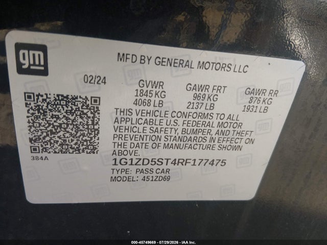 Aukcja sprzedaży 2024 Chevrolet Malibu Fwd 1lt, vin: 1G1ZD5ST4RF177475, numer aukcji: 45749669
