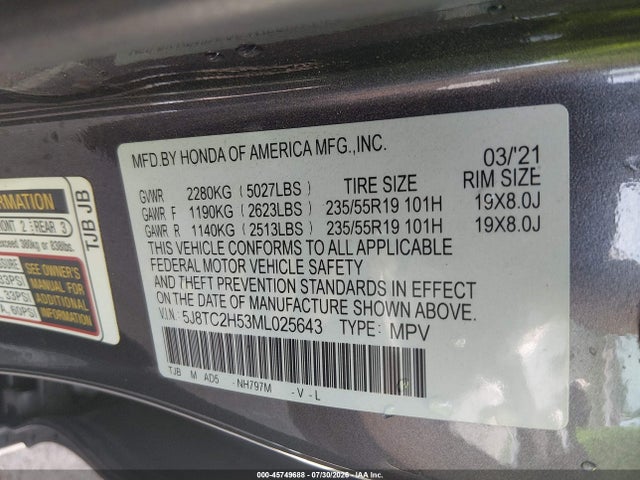 2021 Acura Rdx Technology Package მანქანა იყიდება აუქციონზე, vin: 5J8TC2H53ML025643, აუქციონის ნომერი: 45749688