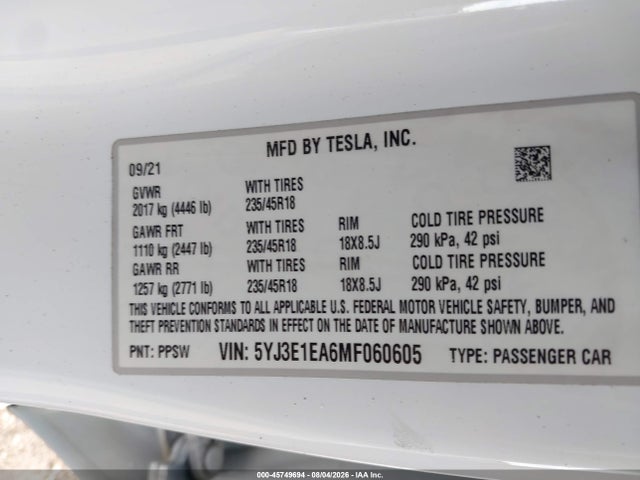 2021 Tesla Model 3 Standard Range Plus Rear-wheel Drive მანქანა იყიდება აუქციონზე, vin: 5YJ3E1EA6MF060605, აუქციონის ნომერი: 45749694