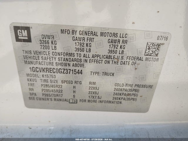 45749708 :رقم المزاد ، 1GCVKREC0GZ371544 vin ، 2016 Chevrolet Silverado 1500 Lt مزاد بيع