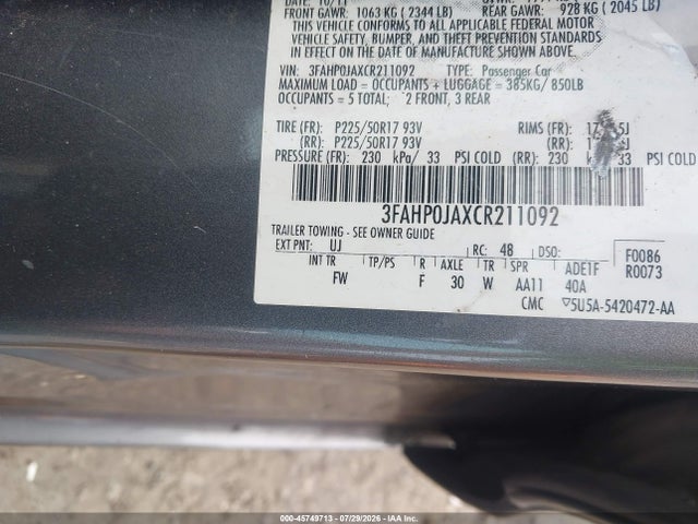 Продаж на аукціоні авто 2012 Ford Fusion Sel, vin: 3FAHP0JAXCR211092, номер лоту: 45749713