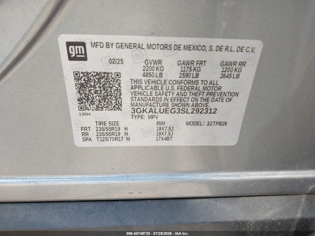 45749725 :رقم المزاد ، 3GKALUEG3SL292312 vin ، 2025 Gmc Terrain Awd Elevation مزاد بيع