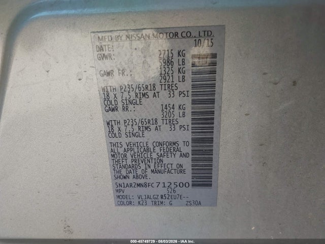 Aukcja sprzedaży 2015 Nissan Pathfinder Sl, vin: 5N1AR2MN8FC712500, numer aukcji: 45749729