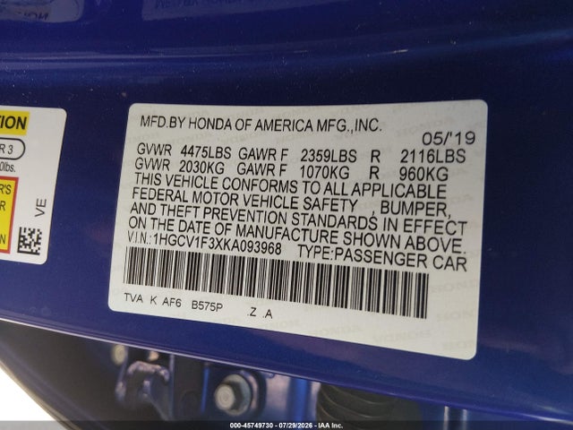 45749730 :رقم المزاد ، 1HGCV1F3XKA093968 vin ، 2019 Honda Accord Sport مزاد بيع