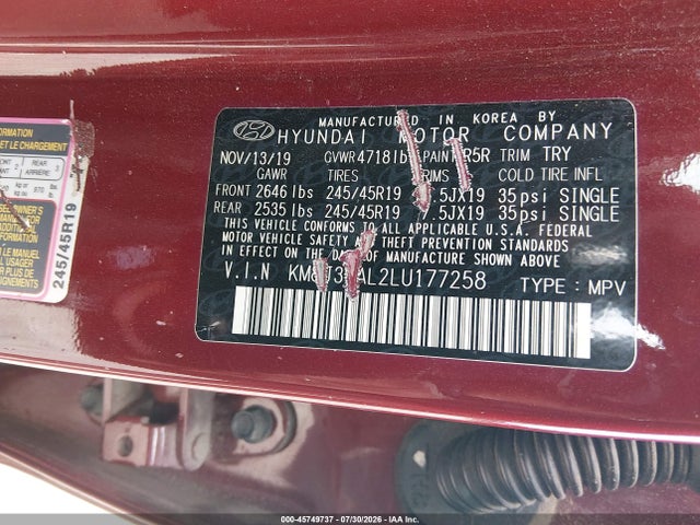 Продаж на аукціоні авто 2020 Hyundai Tucson Sport, vin: KM8J33AL2LU177258, номер лоту: 45749737