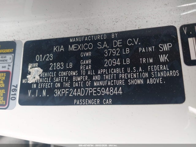 2023 Kia Forte Lxs მანქანა იყიდება აუქციონზე, vin: 3KPF24AD7PE594844, აუქციონის ნომერი: 45749764