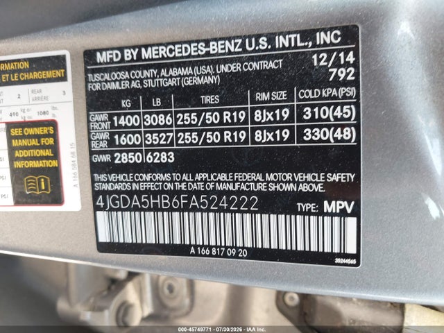 45749771 :رقم المزاد ، 4JGDA5HB6FA524222 vin ، 2015 Mercedes-benz Ml 350 4matic مزاد بيع