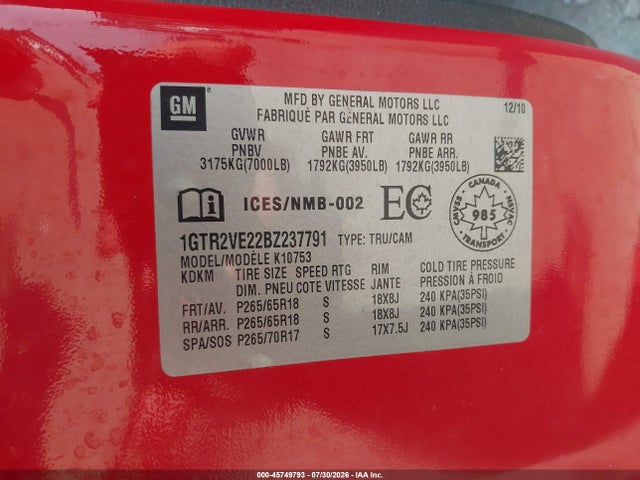 45749793 :رقم المزاد ، 1GTR2VE22BZ237791 vin ، 2011 Gmc Sierra 1500 Sle مزاد بيع