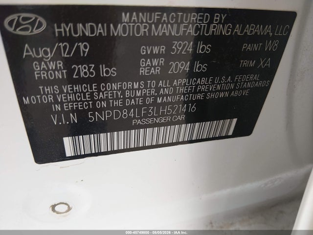 45749800 :رقم المزاد ، 5NPD84LF3LH521416 vin ، 2020 Hyundai Elantra Sel مزاد بيع