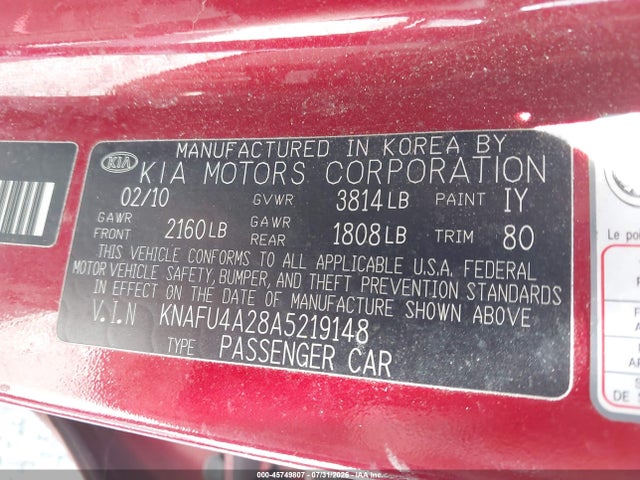Aukcja sprzedaży 2010 Kia Forte Ex, vin: KNAFU4A28A5219148, numer aukcji: 45749807