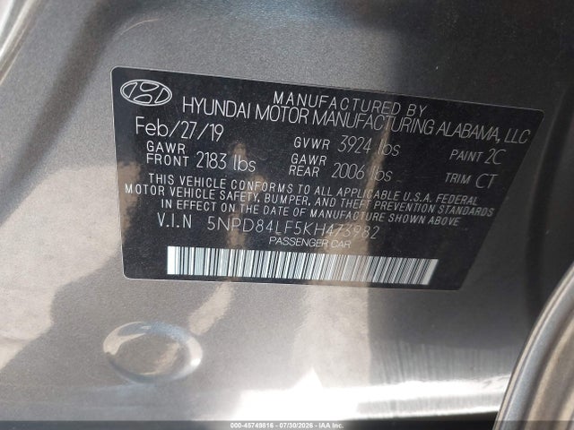 45749816 :رقم المزاد ، 5NPD84LF5KH473982 vin ، 2019 Hyundai Elantra Sel مزاد بيع