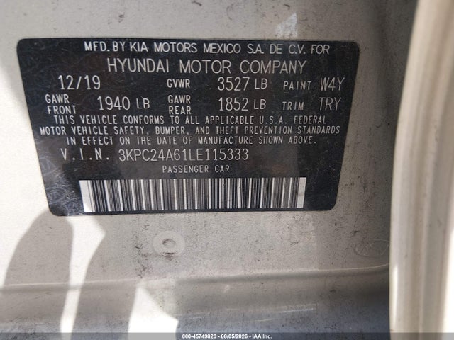 45749820 :رقم المزاد ، 3KPC24A61LE115333 vin ، 2020 Hyundai Accent Se مزاد بيع