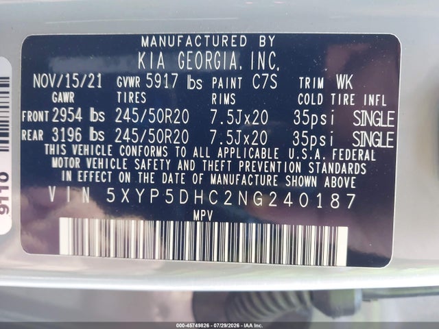 Aukcja sprzedaży 2022 Kia Telluride Sx, vin: 5XYP5DHC2NG240187, numer aukcji: 45749826