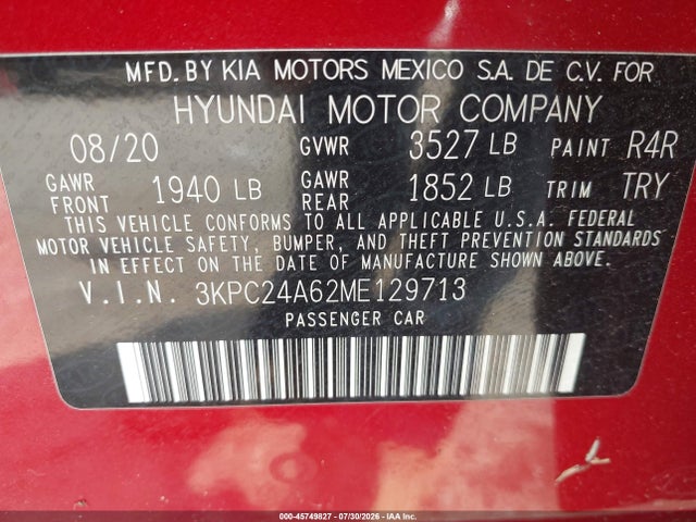 Продаж на аукціоні авто 2021 Hyundai Accent Se, vin: 3KPC24A62ME129713, номер лоту: 45749827