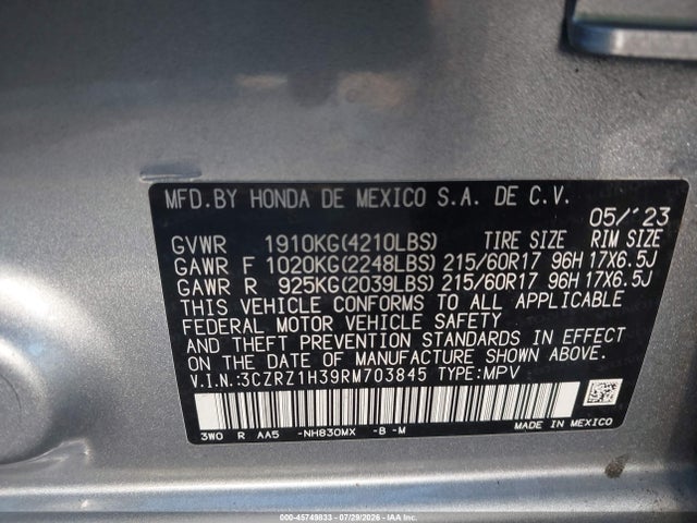 Aukcja sprzedaży 2024 Honda Hr-v 2wd Lx, vin: 3CZRZ1H39RM703845, numer aukcji: 45749833