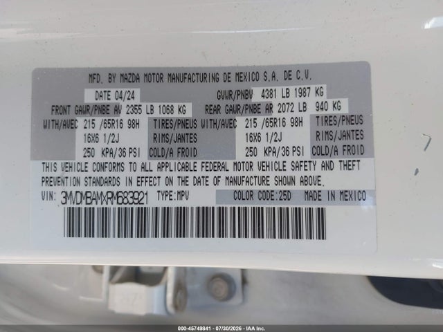 Продажа на аукционе авто 2024 Mazda Cx-30 2.5 S, vin: 3MVDMBAMXRM683921, номер лота: 45749841