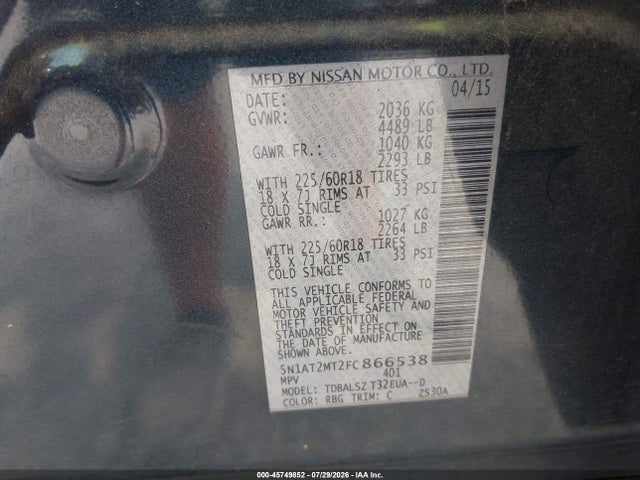 Nissan Rogue Sl 2015 5N1AT2MT2FC866538 Image 9