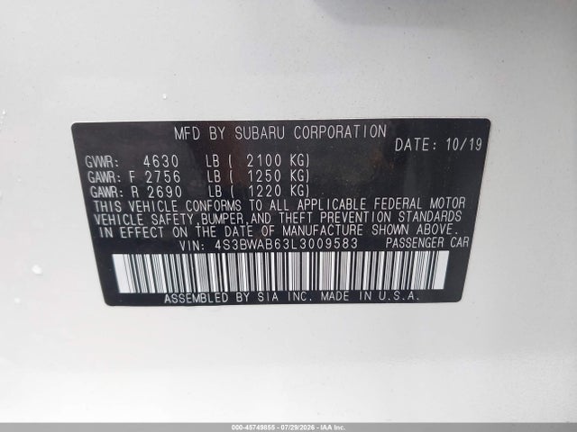 Aukcja sprzedaży 2020 Subaru Legacy, vin: 4S3BWAB63L3009583, numer aukcji: 45749855