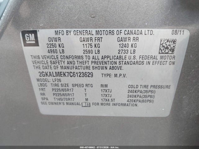 Продажа на аукционе авто 2012 Gmc Terrain Sle-1, vin: 2GKALMEK7C6123629, номер лота: 45749862
