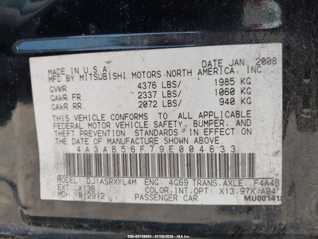 Aukcja sprzedaży 2009 Mitsubishi Galant Es, vin: 4A3AB56F79E004633, numer aukcji: 45749863