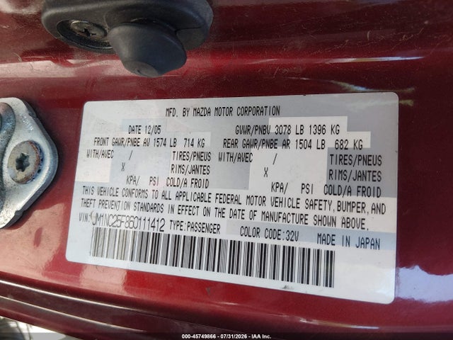 Продаж на аукціоні авто 2006 Mazda Mx-5 Touring, vin: JM1NC25F860111412, номер лоту: 45749866