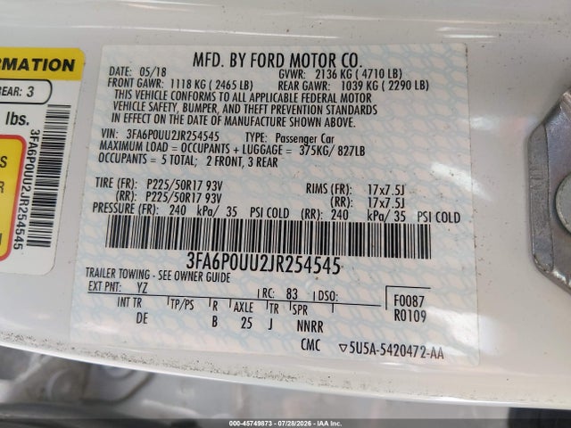 3FA6P0UU2JR254545 Ford Fusion Hybrid S
