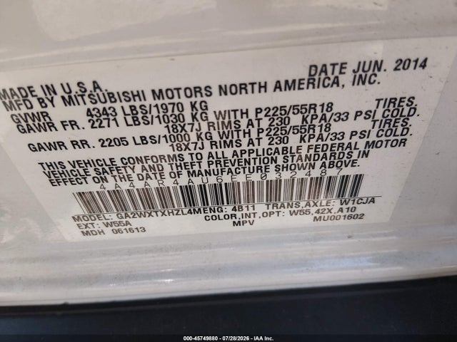 45749880 :رقم المزاد ، 4A4AR4AU6EE032487 vin ، 2014 Mitsubishi Outlander Sport Se مزاد بيع