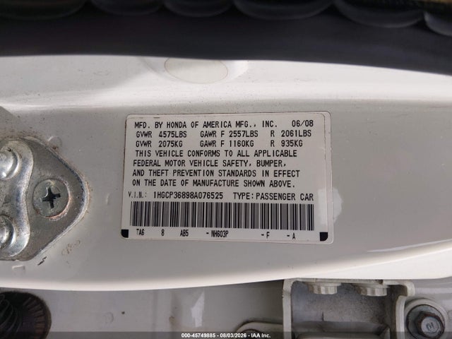 Продаж на аукціоні авто 2008 Honda Accord 3.5 Ex-l, vin: 1HGCP36898A076525, номер лоту: 45749885
