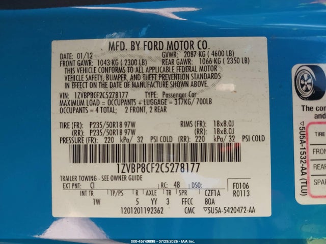 Продаж на аукціоні авто 2012 Ford Mustang Gt, vin: 1ZVBP8CF2C5278177, номер лоту: 45749898