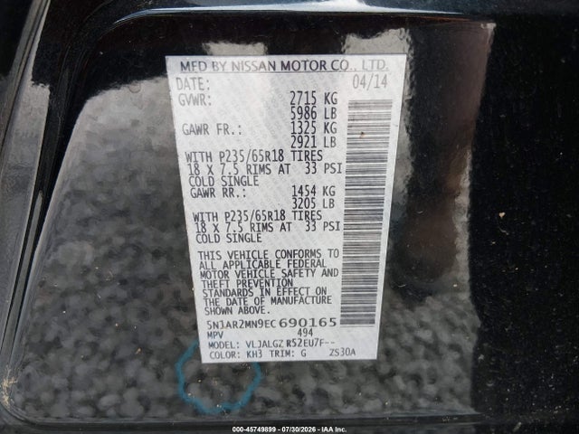 Aukcja sprzedaży 2014 Nissan Pathfinder Platinum/s/sl/sv, vin: 5N1AR2MN9EC690165, numer aukcji: 45749899