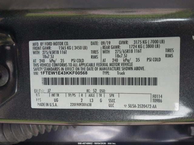Auction sale of the 2019 Ford F-150 Xlt, vin: 1FTEW1E43KKF00568, lot number: 45749902
