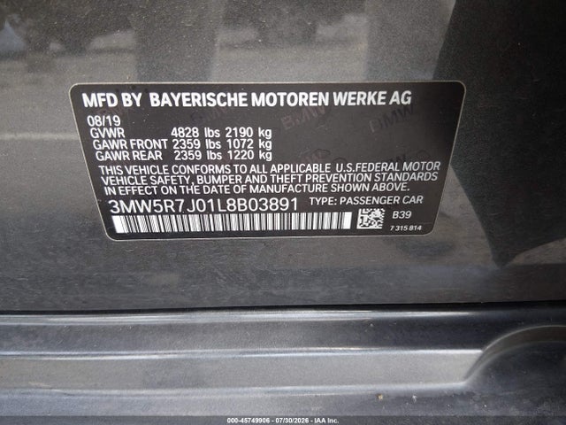 45749906 :رقم المزاد ، 3MW5R7J01L8B03891 vin ، 2020 Bmw 330i Xdrive مزاد بيع