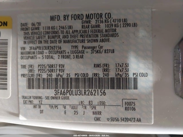 Продаж на аукціоні авто 2020 Ford Fusion Hybrid Se, vin: 3FA6P0LU3LR262156, номер лоту: 45749908