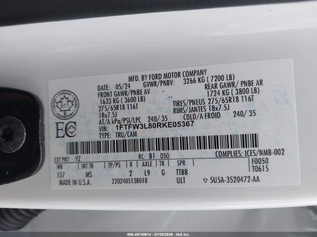 Продажа на аукционе авто 2024 Ford F-150 Xlt, vin: 1FTFW3L80RKE05367, номер лота: 45749914