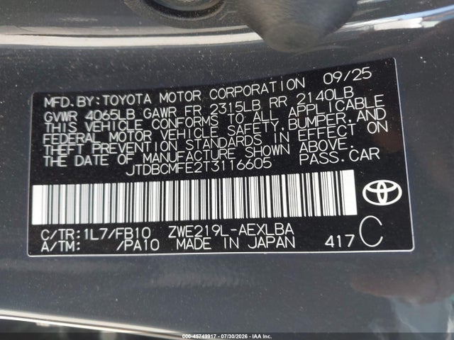 Aukcja sprzedaży 2026 Toyota Corolla Hybrid Hybrid Le, vin: JTDBCMFE2T3116605, numer aukcji: 45749917