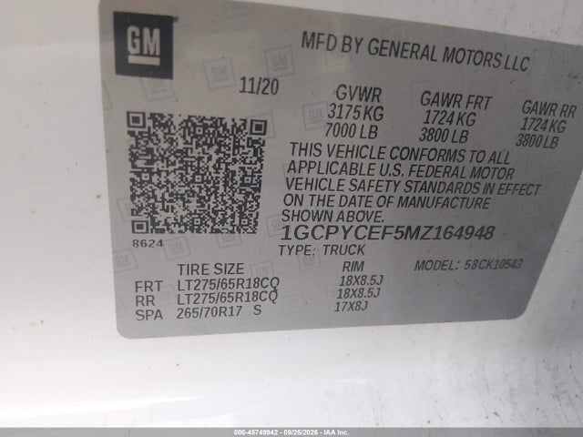 Aukcja sprzedaży 2021 Chevrolet Silverado 1500 4wd  Short Bed Custom Trail Boss, vin: 1GCPYCEF5MZ164948, numer aukcji: 45749942