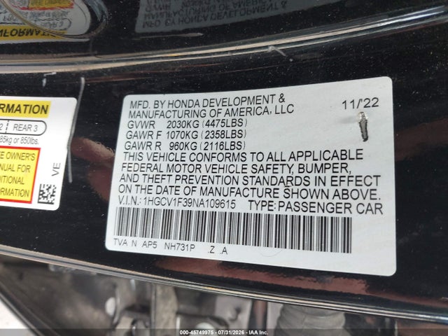 Продажа на аукционе авто 2022 Honda Accord Sport, vin: 1HGCV1F39NA109615, номер лота: 45749975